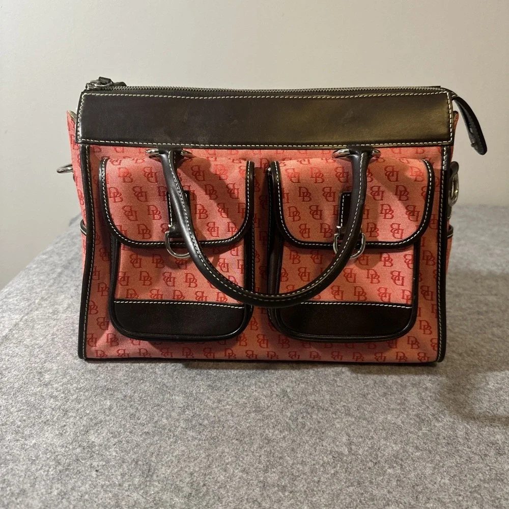 Vtg Dooney & Bourke Red Signature Anniver Double Pocket Leather Trim Coin Sachel